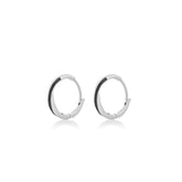 Fine jewellery, silver jewellery, hypoallergenic, tarnish-free, close-up left view of a Pair of silver glazed black hoop earrings on a white background